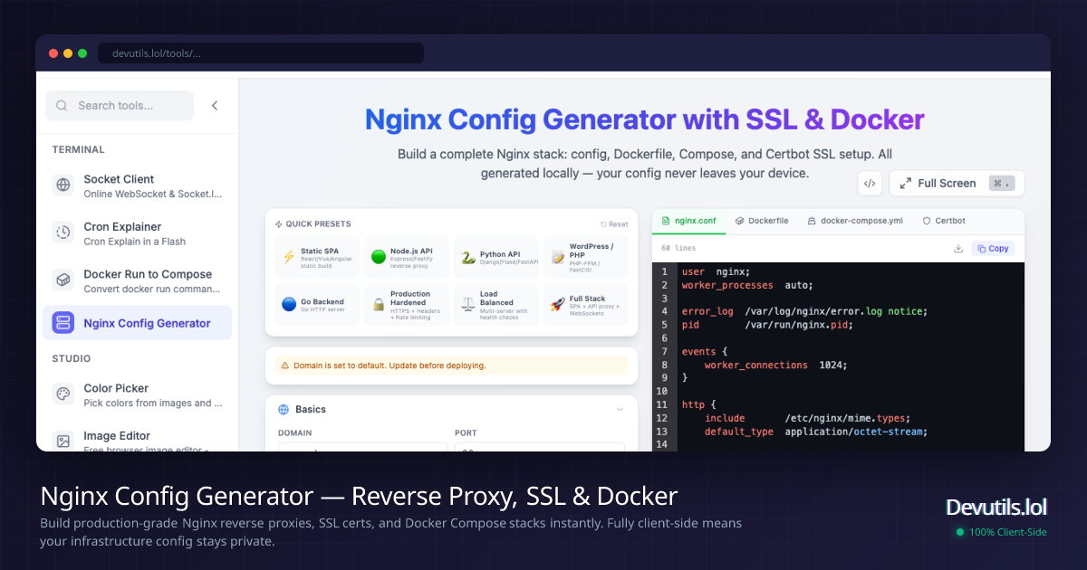 Nginx Config Generator — Reverse Proxy, SSL & Docker | Devutils.lol