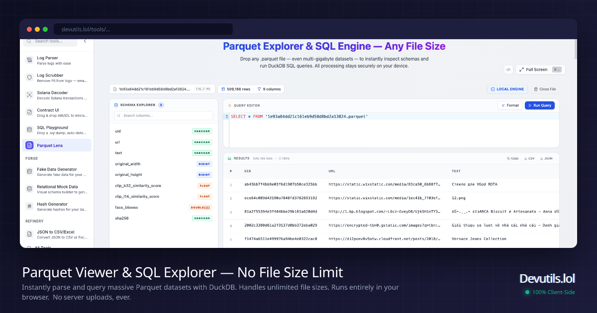 Parquet Viewer & SQL Explorer — No File Size Limit | Devutils.lol