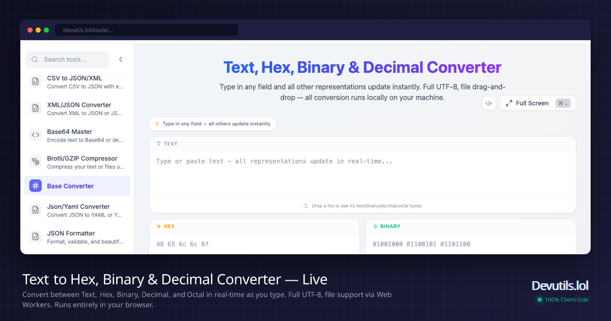 Text to Hex, Binary & Decimal Converter — Live | Devutils.lol